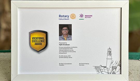 Vijith Sivadasan - Co-founder of Codelattice Honored with Vocational Excellence Award 
