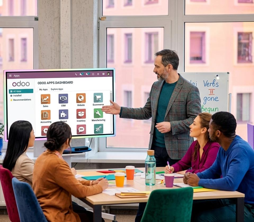 Professional managing Odoo ERP on laptop