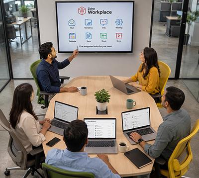 Codelattice team discussing Zoho Workplace implementation with a client