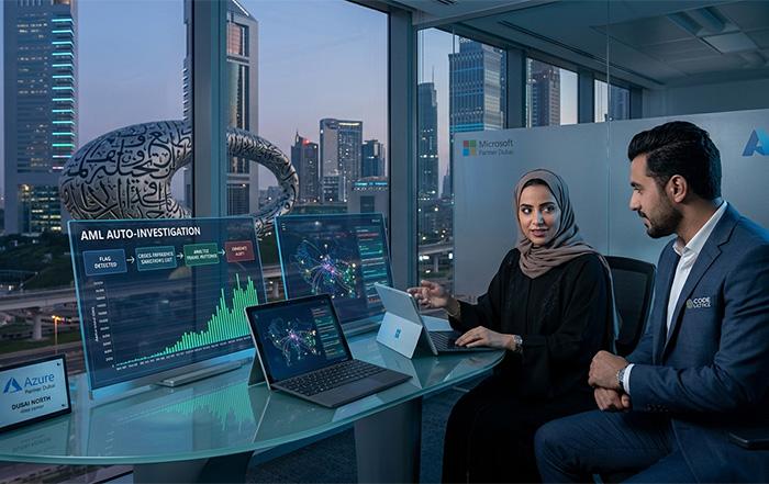 Autonomous AI Agents for UAE Banking and Finance A conceptual diagram of Agentic AI executing automated AML and fraud detection tasks within the Microsoft Azure Dubai cloud environment.