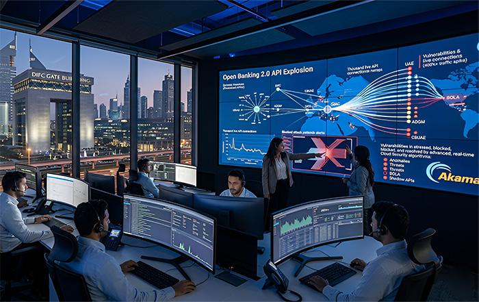 Security command center visualizing API security threats in the UAE financial hubs. Codelattice and Akamai security experts monitor dynamic data dashboards for open banking API vulnerabilities in a modern SOC overlooking the DIFC Gate Building.