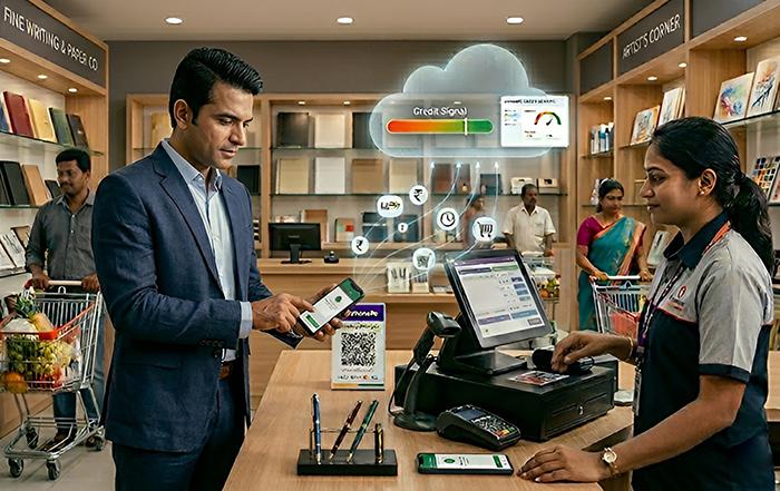 A visualization of UPI transaction data being converted into real-time credit signals for instant loan approval.