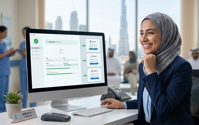 Automating Healthcare Front Desk with Zoho RPA Healthcare front desk professional using Zoho RPA to automate patient ID entry across 30 insurance portals