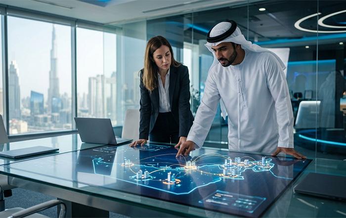 Infographic showing Akamai Distributed Cloud nodes ensuring local data residency and PDPL compliance in the UAE.