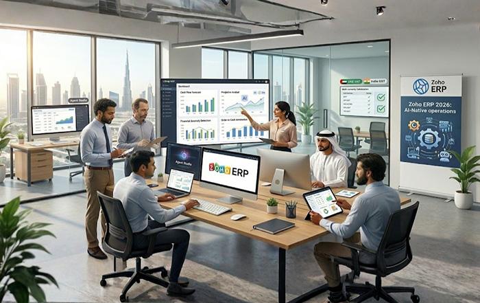A dashboard view of Zoho ERP 2026 showing AI-native Zia analytics for SMB operations and growth.