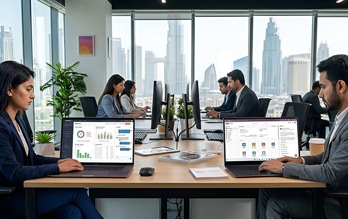 Side-by-side comparison of Zoho ERP and Odoo AI dashboards in a modern Dubai office